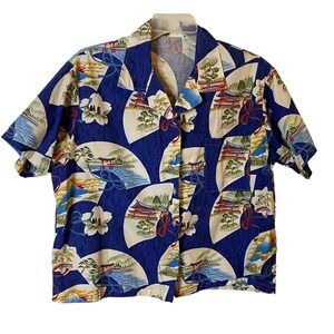 Vintage Japanese Fan Print Hawaiian Style Blue Cotton Button Down Shirt Mens XXL